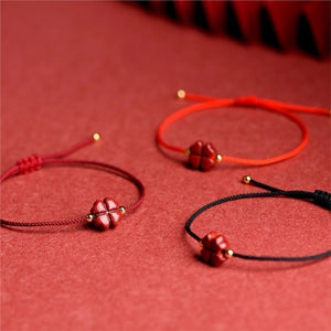 Red String 4 Leaf Clove Cinnabar Focus and Wisdom Bracelet