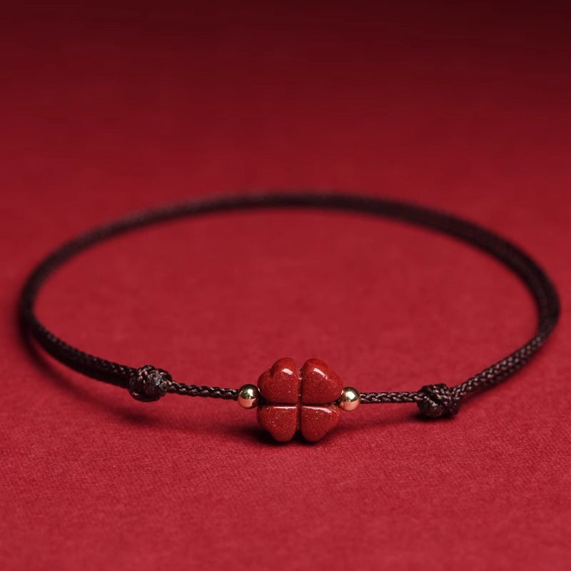 Red String 4 Leaf Clove Cinnabar Focus and Wisdom Bracelet