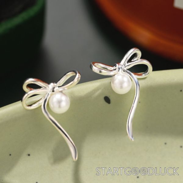 Ribbon Bow Earrings |Ribbon Earrings | Silver Pearl Drop Earrings