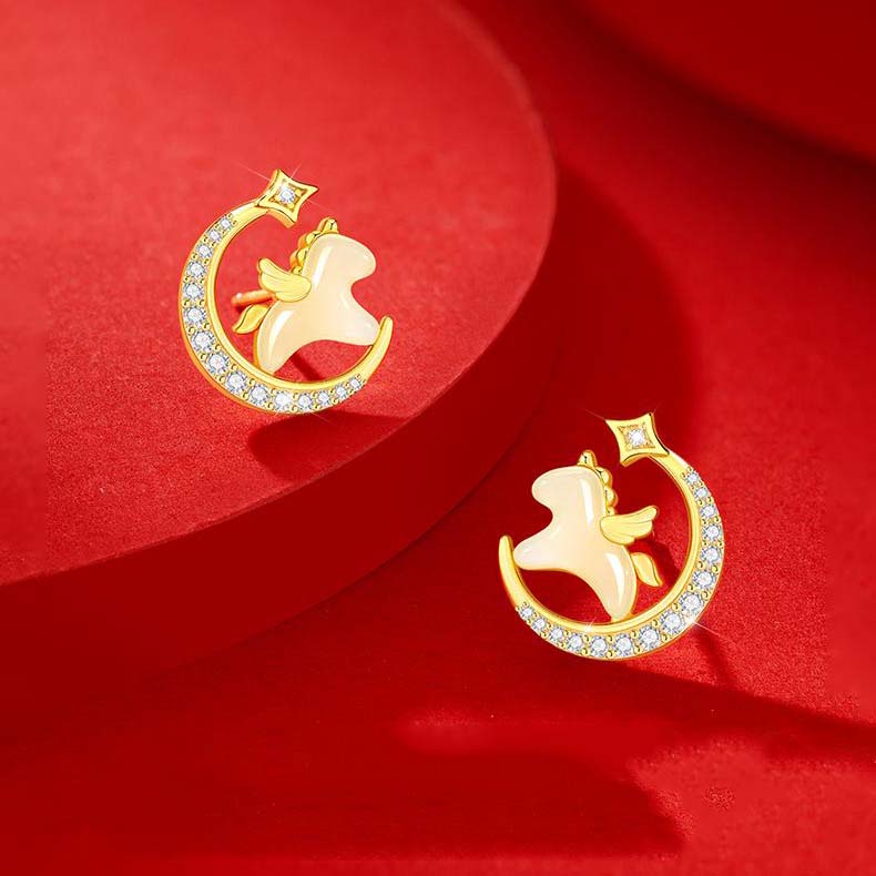 S925 Silver Jade Dream-themed Star and Moon Horse Balance and Harmony Earrings