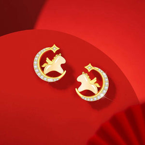 S925 Silver Jade Dream-themed Star and Moon Horse Balance and Harmony Earrings