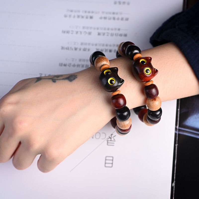 Sandalwood Carved Cat Head Multi-Gemstone Wooden Beads Peace and Tranquility Bracelet