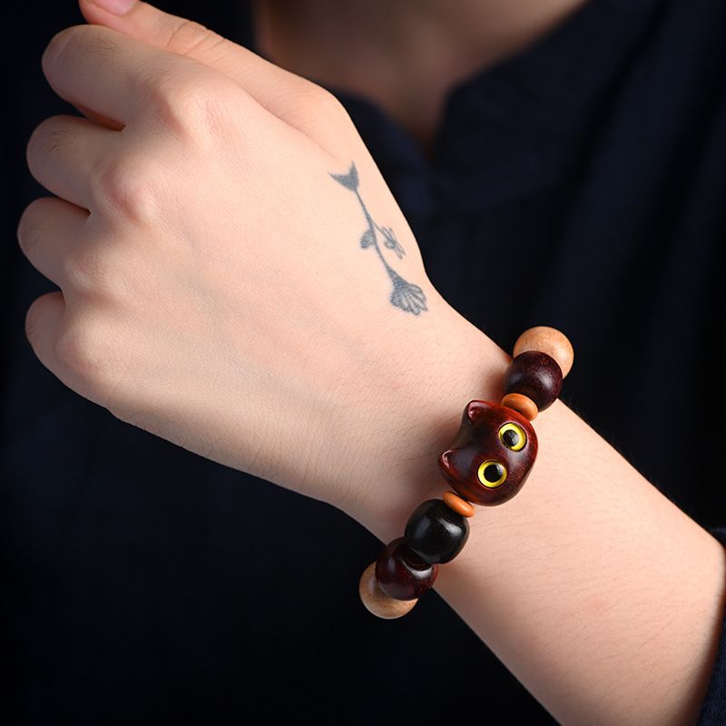 Sandalwood Carved Cat Head Multi-Gemstone Wooden Beads Peace and Tranquility Bracelet