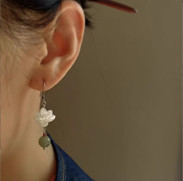 Silver Lotus With Jade Ball Earrings | Chinese Style Goodluck Earrings
