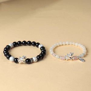 Silver Horse Year Natural Obsidian Rose Crystal Courage and Strength Couple Bracelet