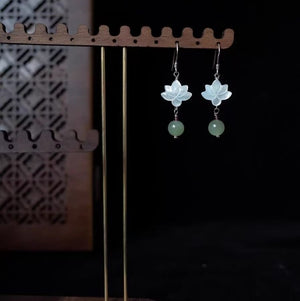 Silver Lotus With Jade Ball Earrings | Chinese Style Goodluck Earrings