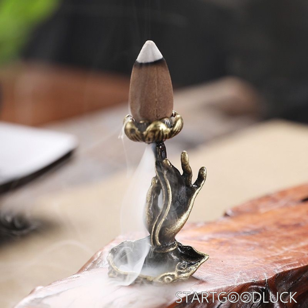 Buddha Hand and Lotus Incense Holder: Vintage Brass Zen Decorative Item