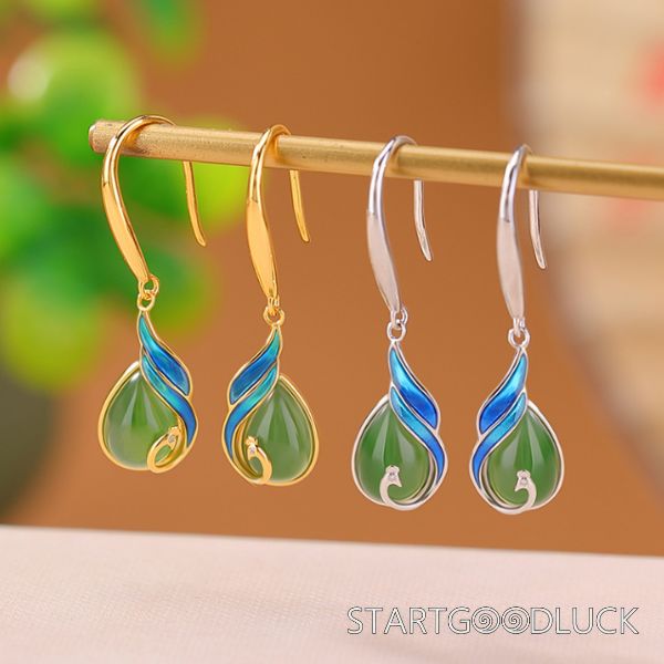 Sterling Silver S925 Water Drop Earrings | Natural Jade Earrings | Chinese Style Earrings