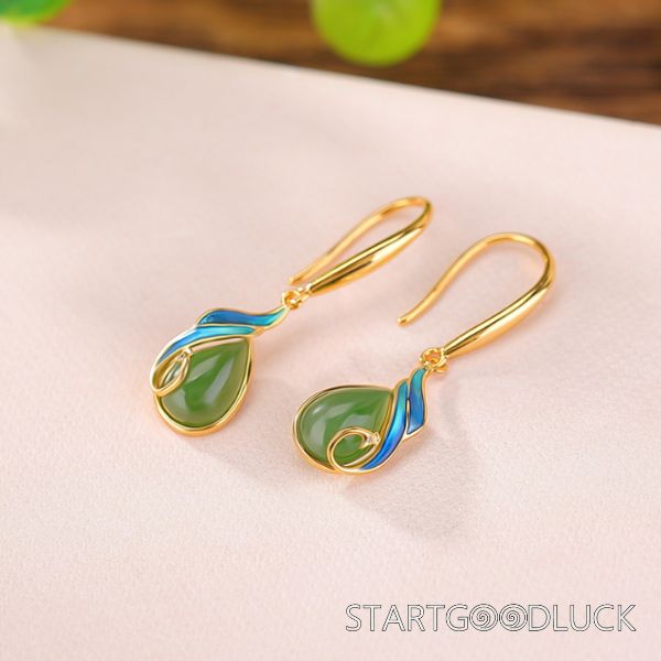 Sterling Silver S925 Water Drop Earrings | Natural Jade Earrings | Chinese Style Earrings