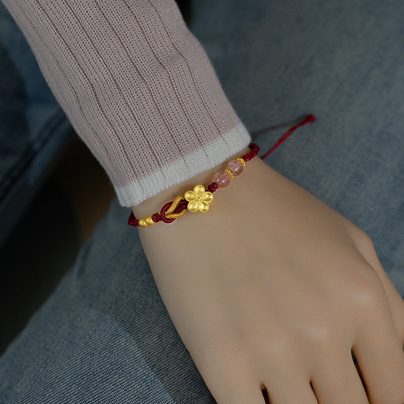 Strawberry Crystal Bracelet Peach Blossom charm Handmade Woven Hand Red Rope