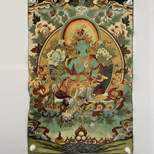 Thangka Painting | Embroidered Green Tara on Lotus Throne: Protection & Healing