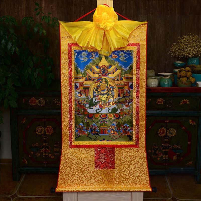 Thangka Painting | Embroidered Yellow Jambhala & Vaishravana: Wealth & Prosperity