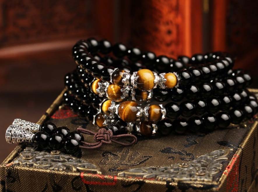Tibetan Buddhist Mala Beads: 108 Obsidian & Tiger’s Eye Necklace