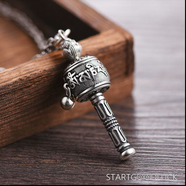 Tibetan Buddhist Prayer Wheel Necklace: “Om Mani Padme Hum” Engraved Pendant (Amplify Mantra Power) - StartGoodLuck