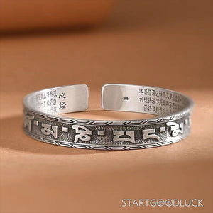 Tibetan Silver Bangle with Six - Syllable Mantra & Heart Sutra: Dual Sacred Guardians for Inner Peace - StartGoodLuck