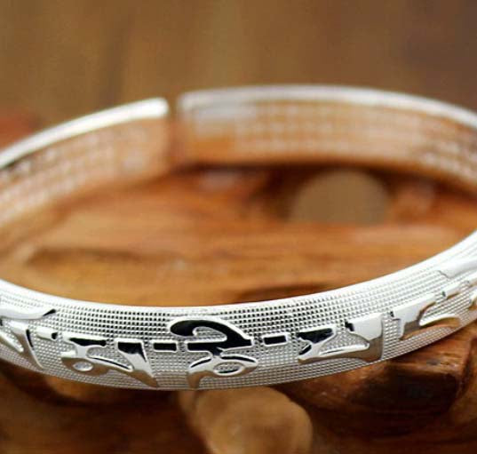 Tibetan Six - Syllable Mantra Silver Bracelet: Sacred Protection in Sterling Silver