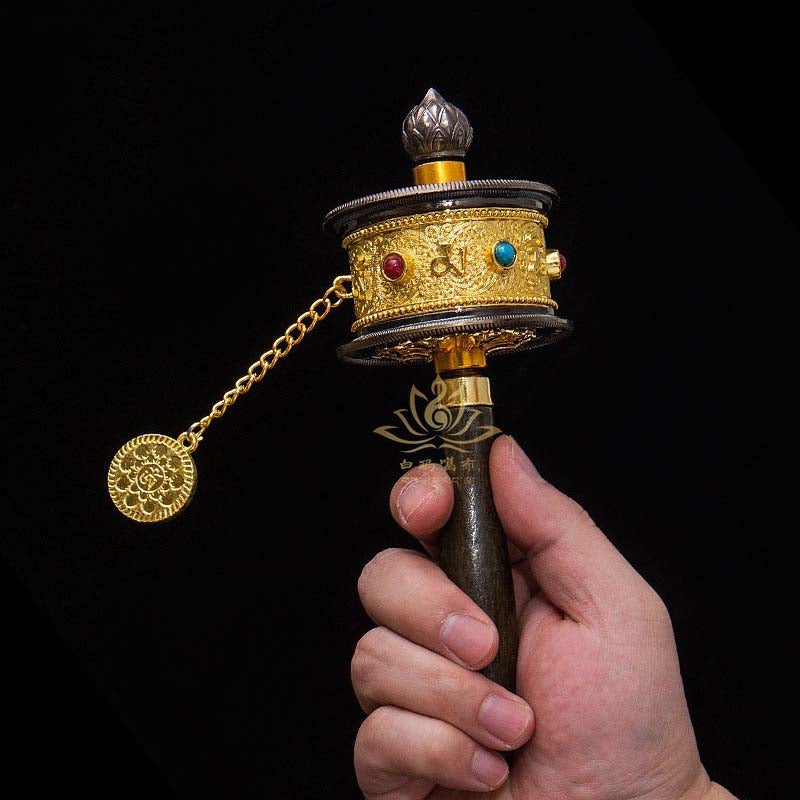 Tibetan Prayer Wheel: Handheld with Colored Gem Inlays (Accumulate Merit, Bless Daily Life)