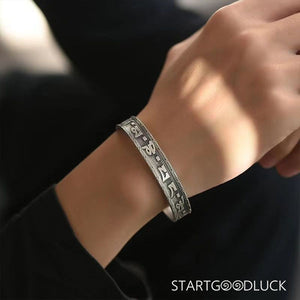 Tibetan Silver Bangle with Six - Syllable Mantra & Heart Sutra: Dual Sacred Guardians for Inner Peace - StartGoodLuck