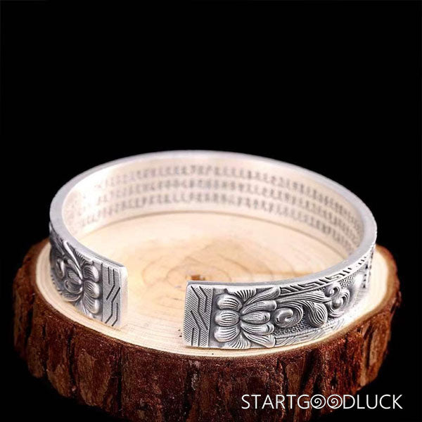 Tibetan Silver Bangle with Six - Syllable Mantra & Heart Sutra: Dual Sacred Guardians for Inner Peace - StartGoodLuck