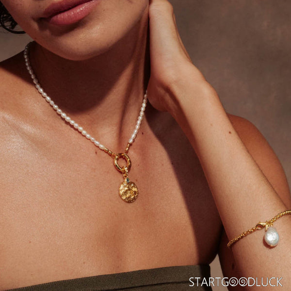 Vintage Pendant Necklace- Marine - Themed Pearl Chain Necklace with Zircon