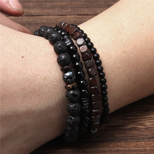 StartGoodLuck Black Volcanic Stone and Wooden Bead Bracelet Set