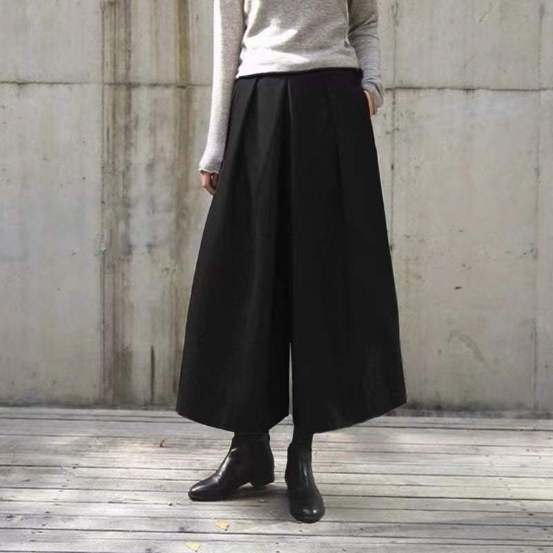Women Casual Black Or Grey Woolen Loose Wide-leg Cropped Pants