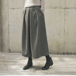 Women Casual Black Or Grey Woolen Loose Wide-leg Cropped Pants