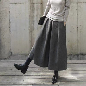 Women Casual Black Or Grey Woolen Loose Wide-leg Cropped Pants