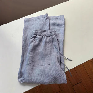Women Casual Comfortable Linen Striped Drawstring Wide Straight Leg Pants