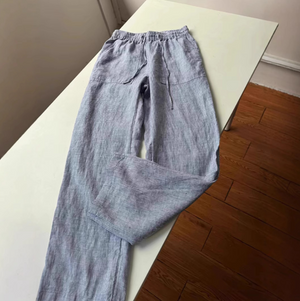 Women Casual Comfortable Linen Striped Drawstring Wide Straight Leg Pants