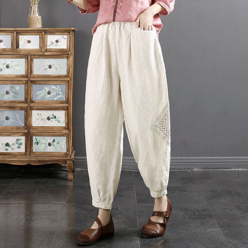 Women Casual Cotton and Linen With Artistic Lace Trim Lantern Harem Pants