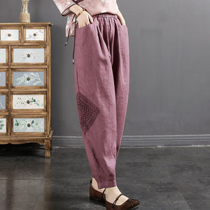 Women Casual Cotton and Linen With Artistic Lace Trim Lantern Harem Pants