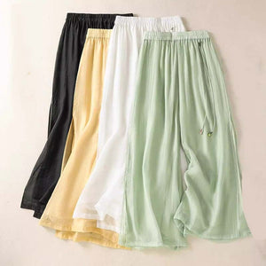 Women Casual Ethnic Style Drapey Cotton and Linen Wide-Leg Pants