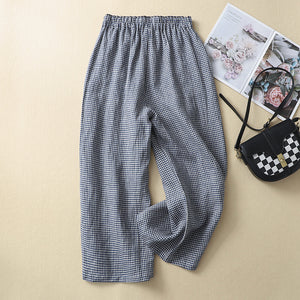 Women Casual Linen Plaid Elastic Waist Wide Leg Straight Pants