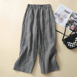 Women Casual Linen Plaid Elastic Waist Wide Leg Straight Pants