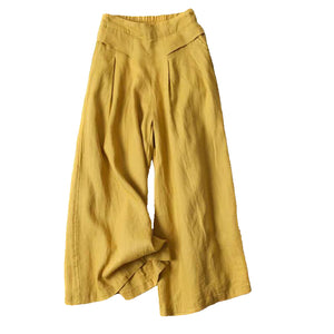 Women Casual Loose-fitting Semi-elastic High-waist Cotton And Linen Wide-leg Pants
