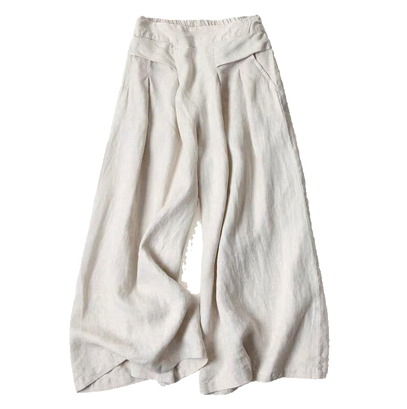 Women Casual Loose-fitting Semi-elastic High-waist Cotton And Linen Wide-leg Pants