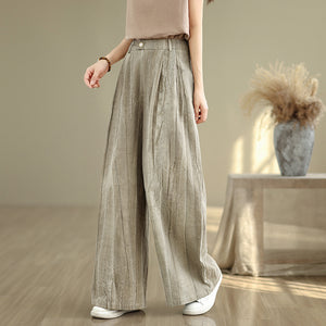 Women Casual Loose Solid Color Linen and Cotton Elastic Waist Wide Leg Pants