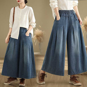Women Casual Solid Blue Denim Elastic Waist Loose Straight Wide Leg Pants