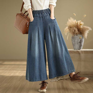 Women Casual Solid Blue Denim Elastic Waist Loose Straight Wide Leg Pants