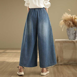 Women Casual Solid Blue Denim Elastic Waist Loose Straight Wide Leg Pants