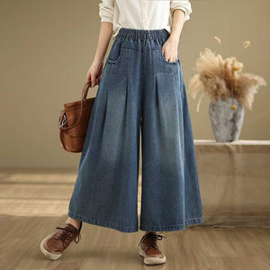 Women Casual Solid Blue Denim Elastic Waist Loose Straight Wide Leg Pants