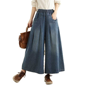 Women Casual Solid Blue Denim Elastic Waist Loose Straight Wide Leg Pants