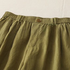 Women Casual Solid Color Cotton Elastic Waist Loose Wide Leg Balloon Pants