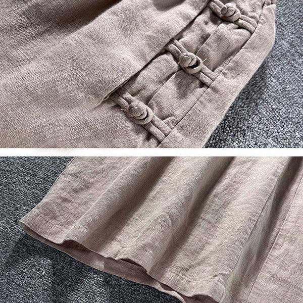 Women Casual Solid Color Wide-leg Mid-waist Cotton And Linen Pants