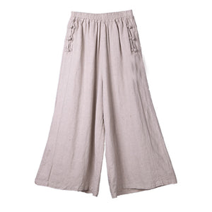 Women Casual Solid Color Wide-leg Mid-waist Cotton And Linen Pants