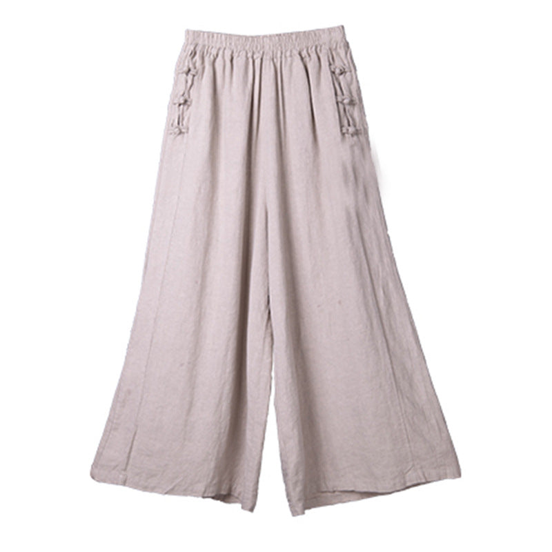 Women Casual Solid Color Wide-leg Mid-waist Cotton And Linen Pants