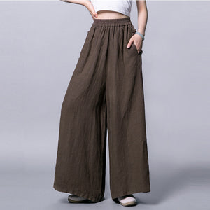 Women Casual Solid Color Wide-leg Mid-waist Cotton And Linen Pants