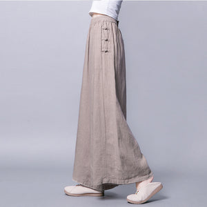 Women Casual Solid Color Wide-leg Mid-waist Cotton And Linen Pants