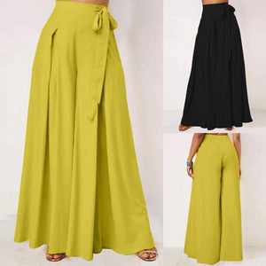 Women Casual Style Acrylon Solid Color Lace-Up High Waisted Wide-Leg Pants